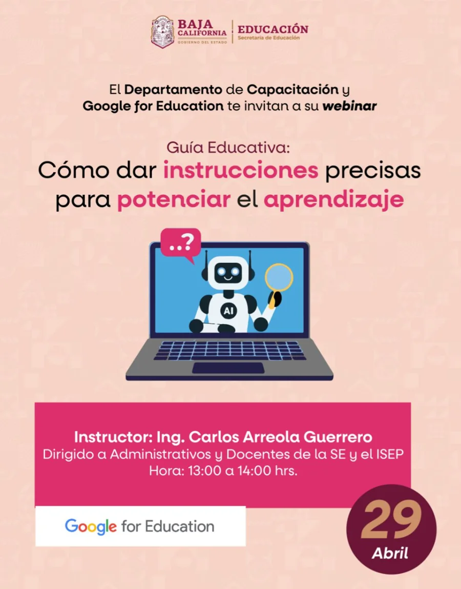 Póster: Guía educativa: cómo dar instrucciones precisas para potenciar el aprendizaje, impartido por Carlos Arreola para la Secretaría de Educación de Baja California y el ISEP