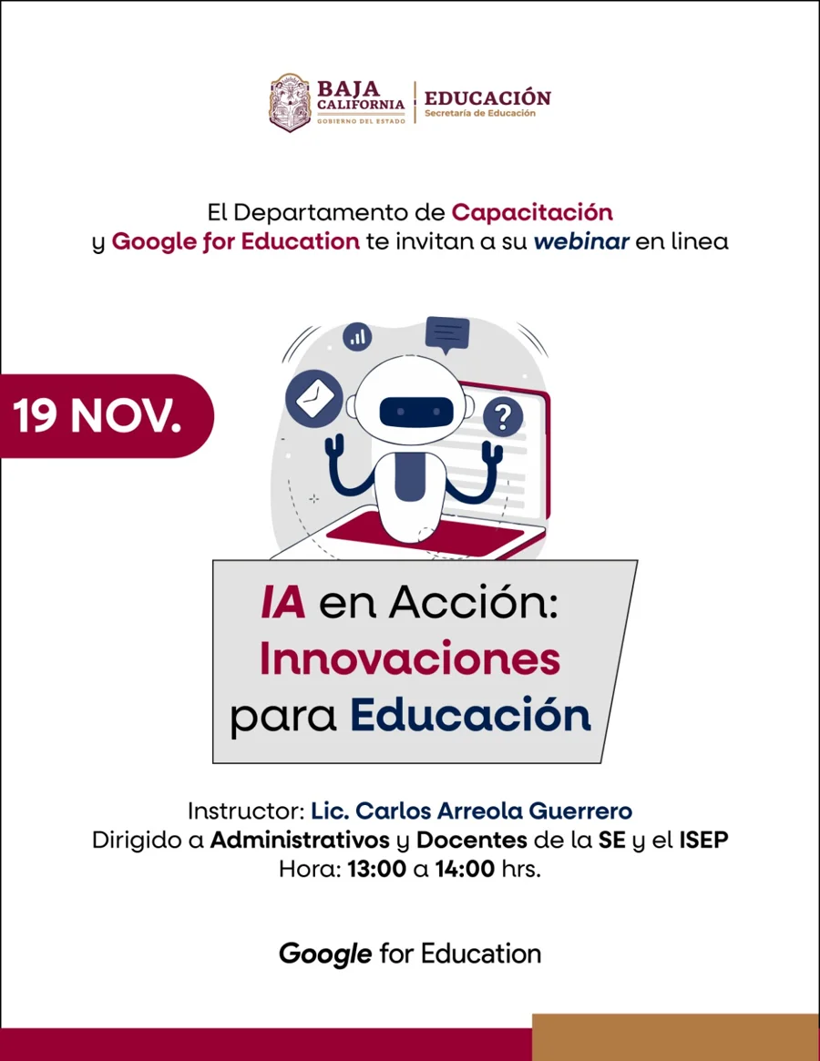 Póster: IA en Acción: innovaciones para educación, impartido por Carlos Arreola para la Secretaría de Educación de Baja California y el ISEP