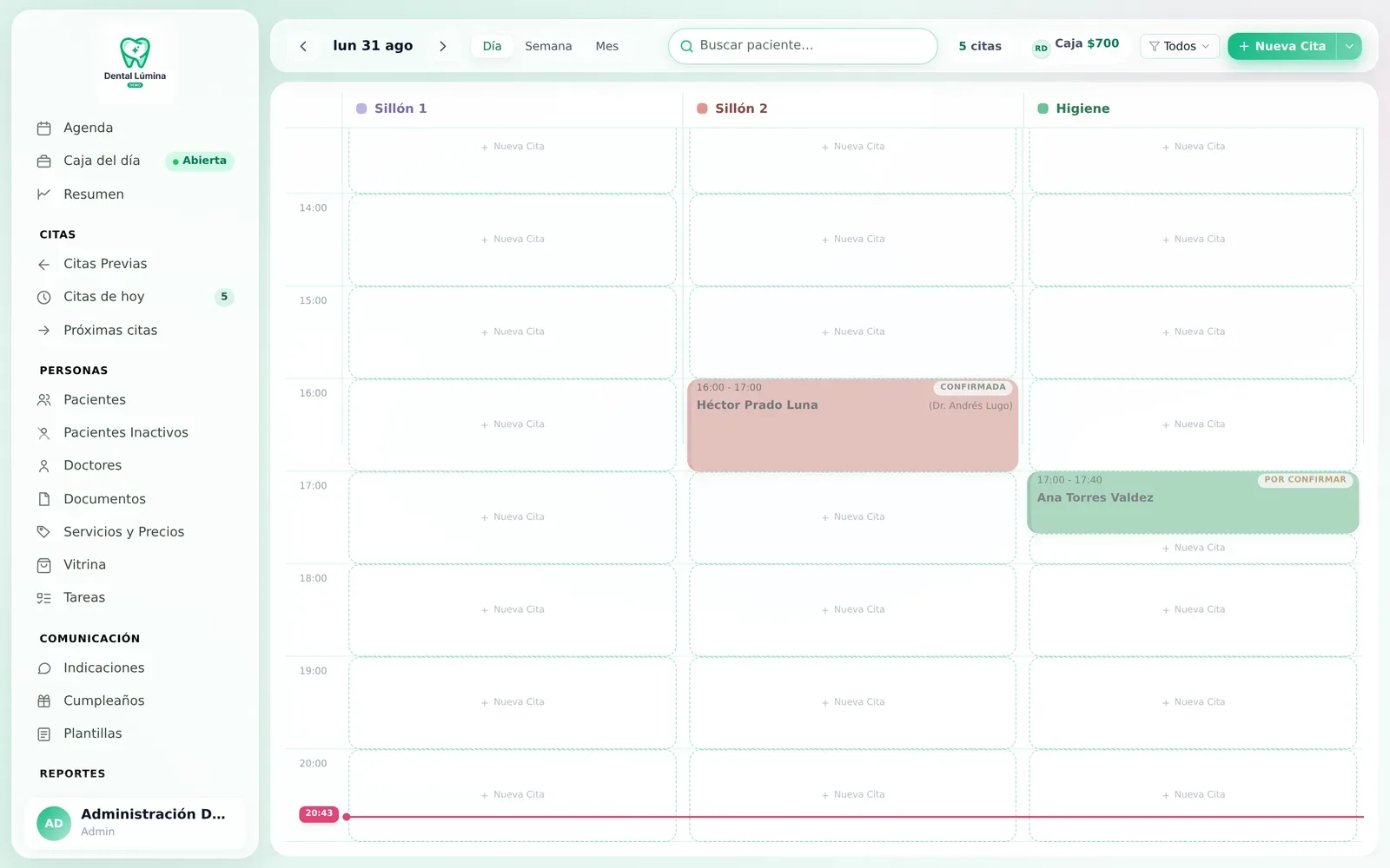 Agenda dental de Lealify por sillón con citas confirmadas