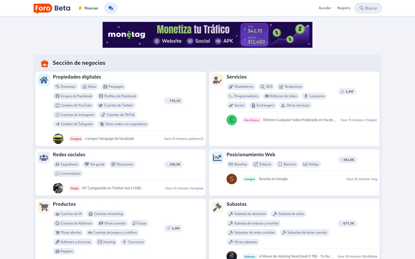 Portada de ForoBeta: secciones de compra y venta de propiedades digitales, servicios y subastas