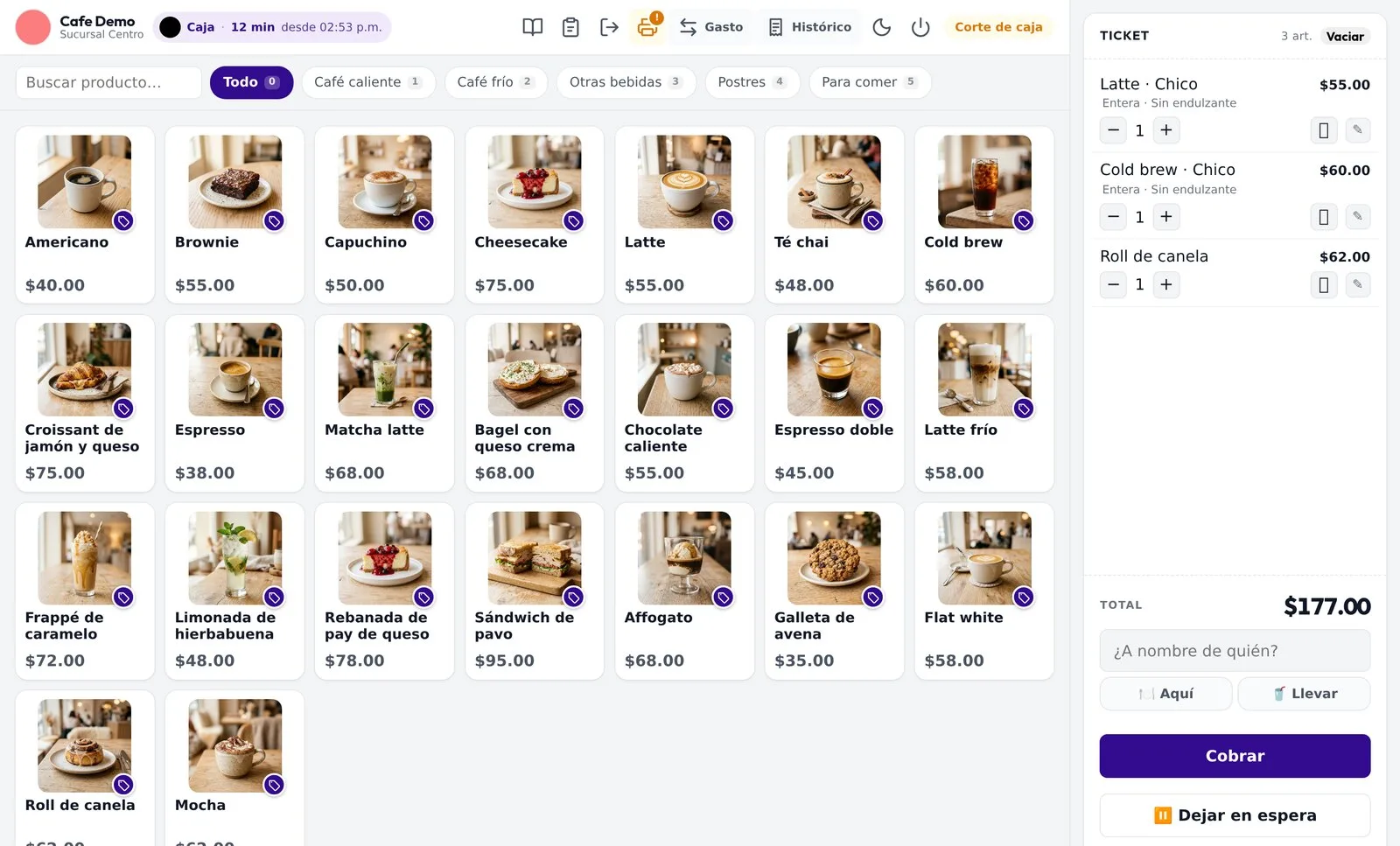 Caja de Lealify POS con catálogo de cafetería y ticket